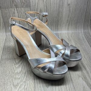 SCHUTZ Silver Metallic Platform Sandals with Block Heel